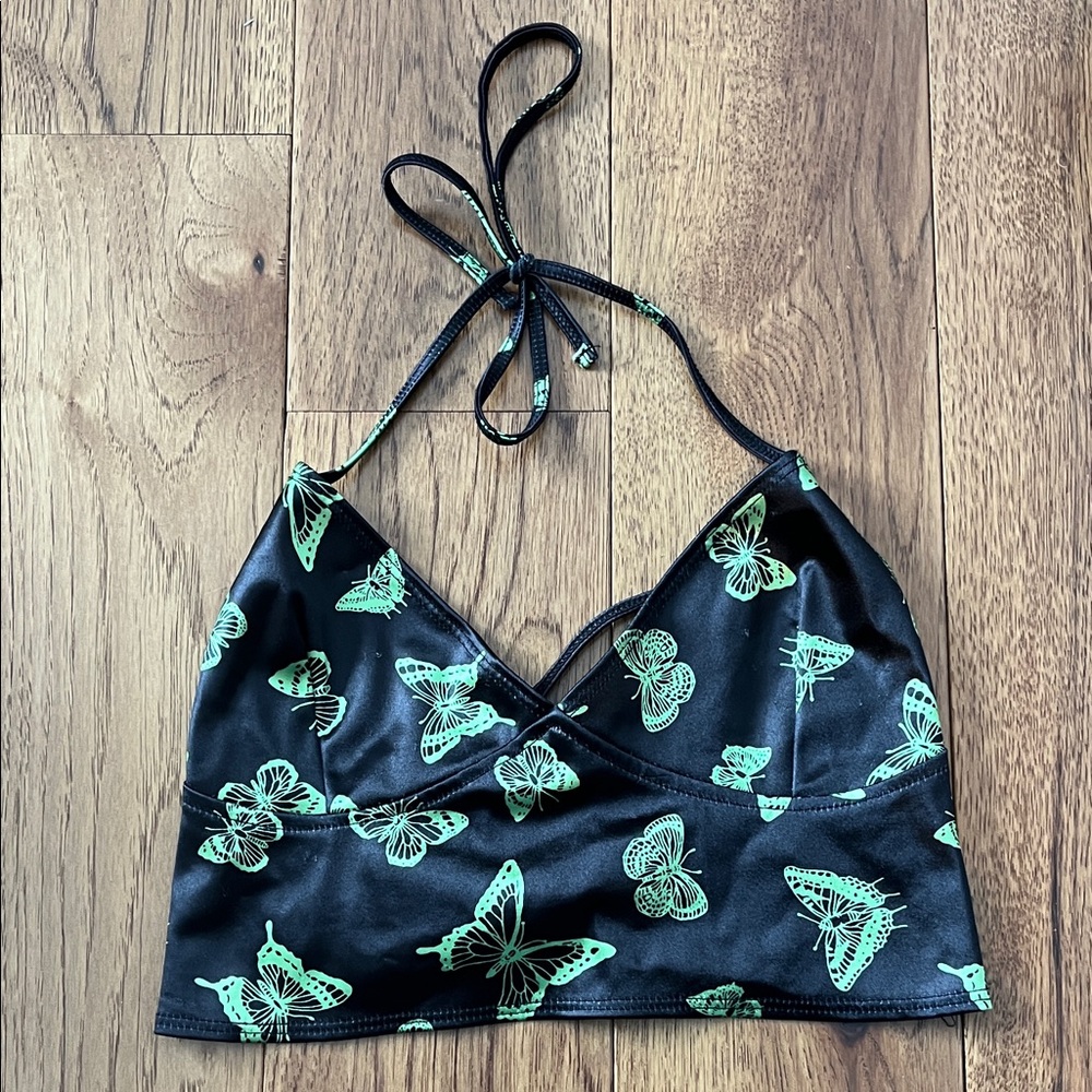 Black and Green Butterfly Halter Top crop